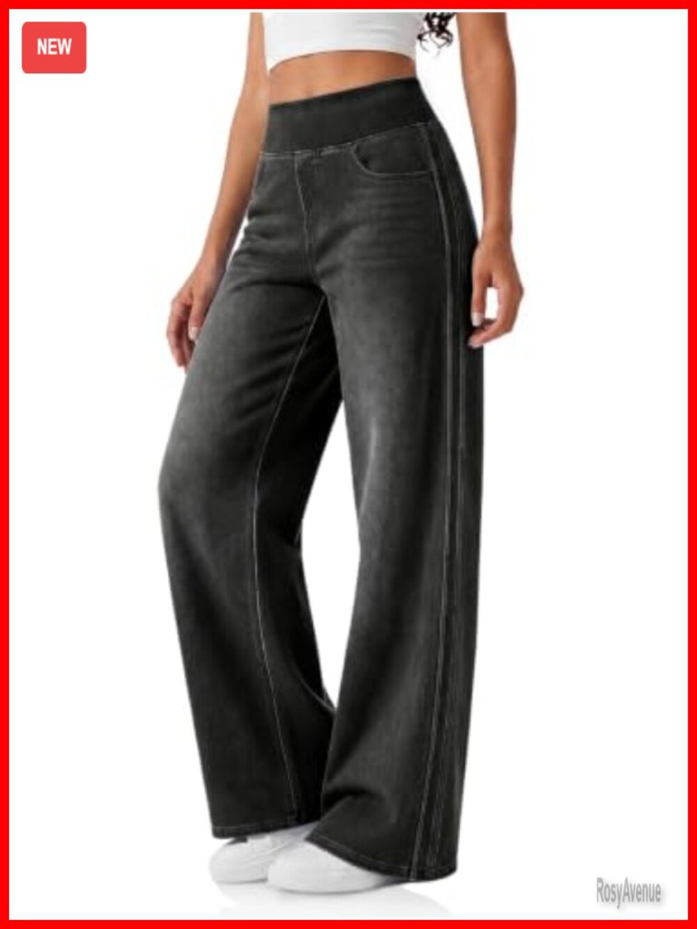 Cicy Bell Pull On Wide Leg Stretchy Side Striped Denim Pants High Rise